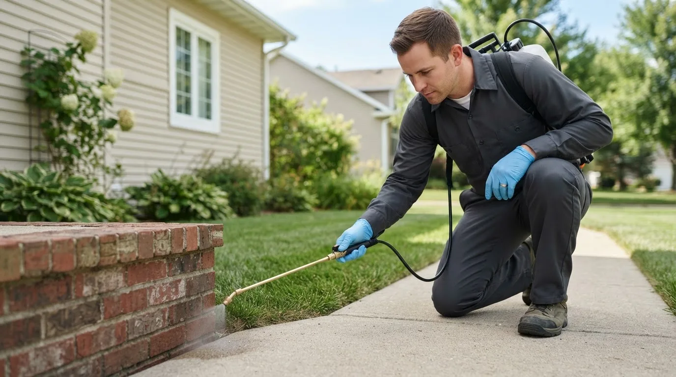 Pest control technician treating a home near Bryan, OH